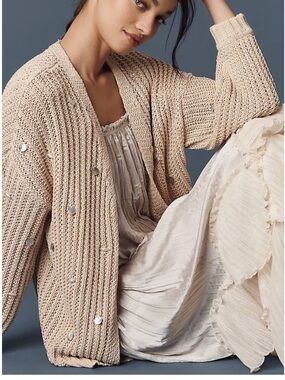 New Anthropology Shell-Embellished Cardigan Sweater - Cream